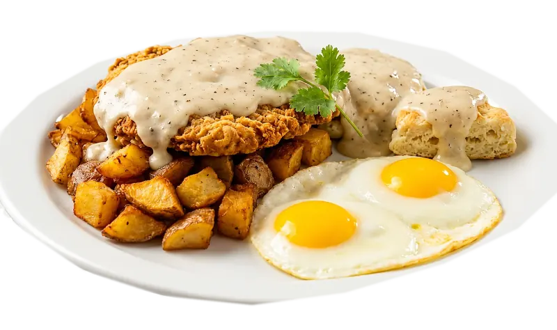Country fried steak with two eggs, home fries, and a biscuit covered in gravy