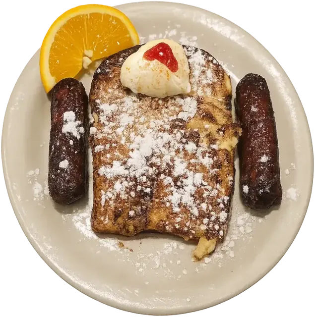 Cinnamon raisin French toast with sausage, powdered sugar, orange slice, and whipped butter