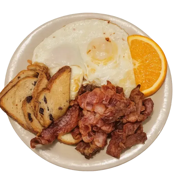Main Street Special breakfast plate with eggs, bacon, home fries, toast, and orange slice